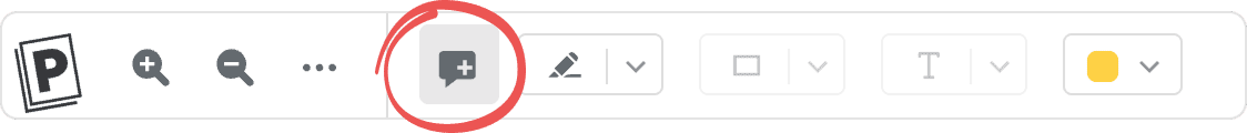 The PDF viewer toolbar with the sticky note button circled, beside zoom, highlight, shape, text and colour controls.